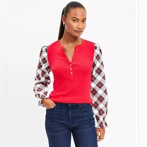 ❤️ NWT! LOFT PUFF PLAID SLEEVE HENLEY TOP, MP (MEDIUM PETITE)